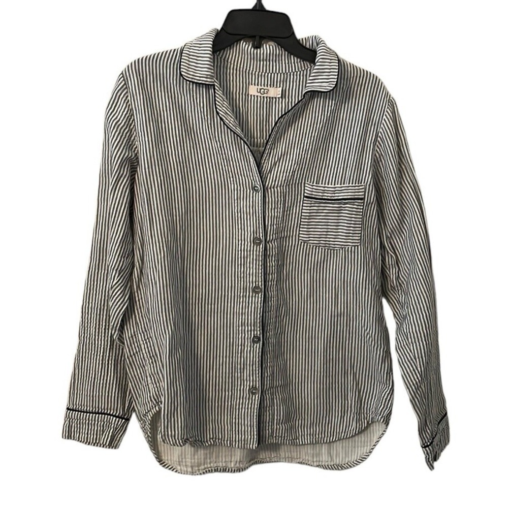 UGG Women's Gray/White Striped Button Down Pajama Top Size M